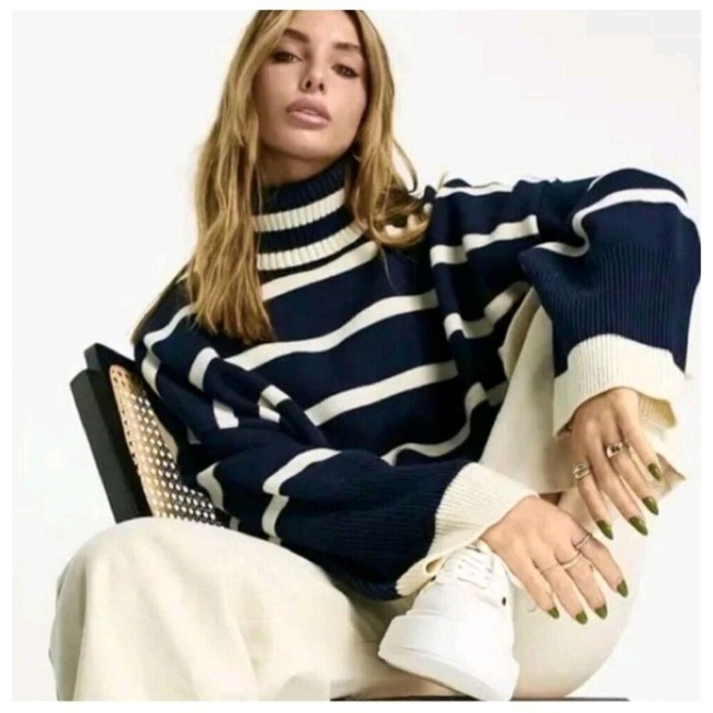 Topshop‎ Oversized Blue & White Striped Turtleneck Sweater Women 8-10, Lagenlook
